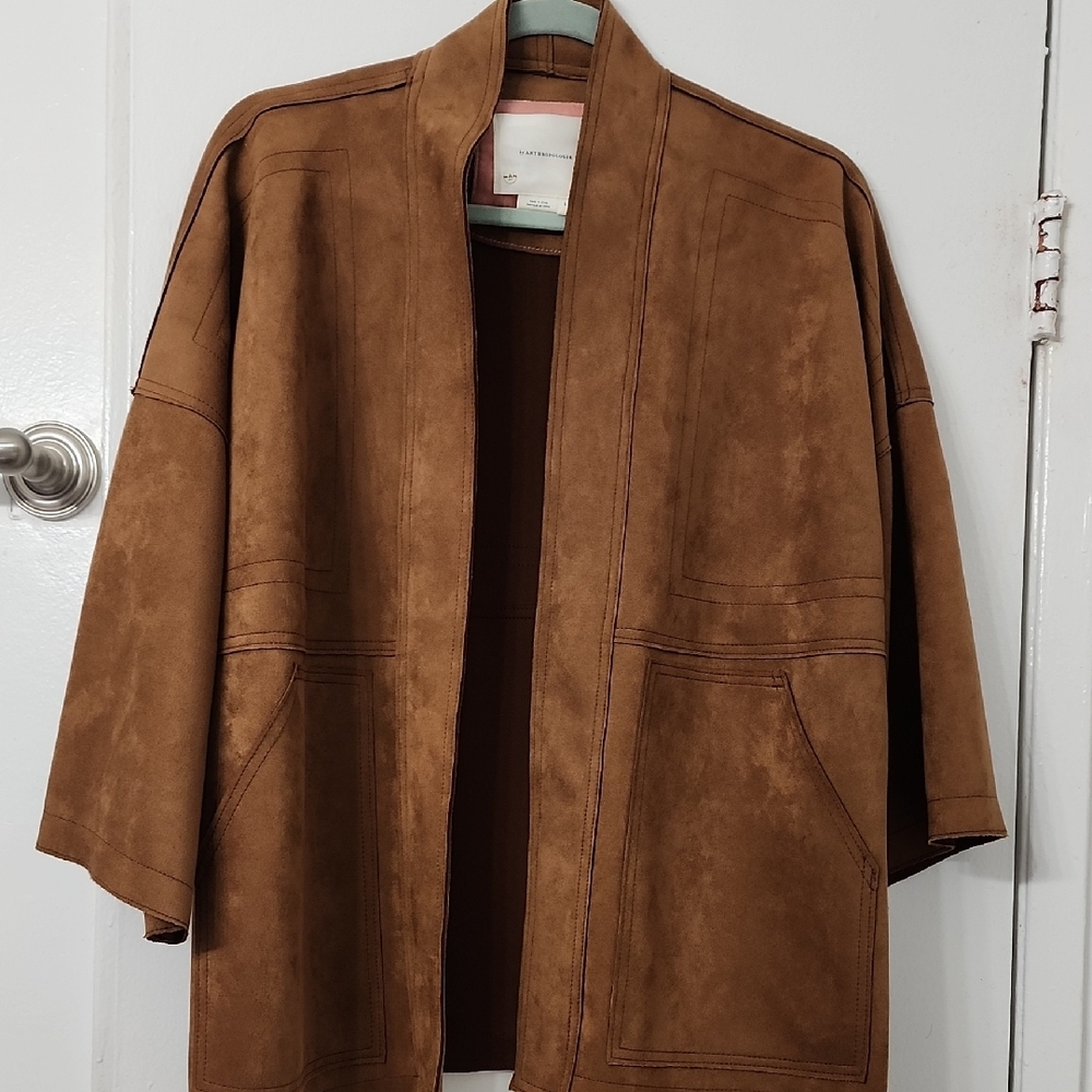 By Anthropologie Brown Micro Faux Suede‎ Open Front Kimono Jacket Brown Size S